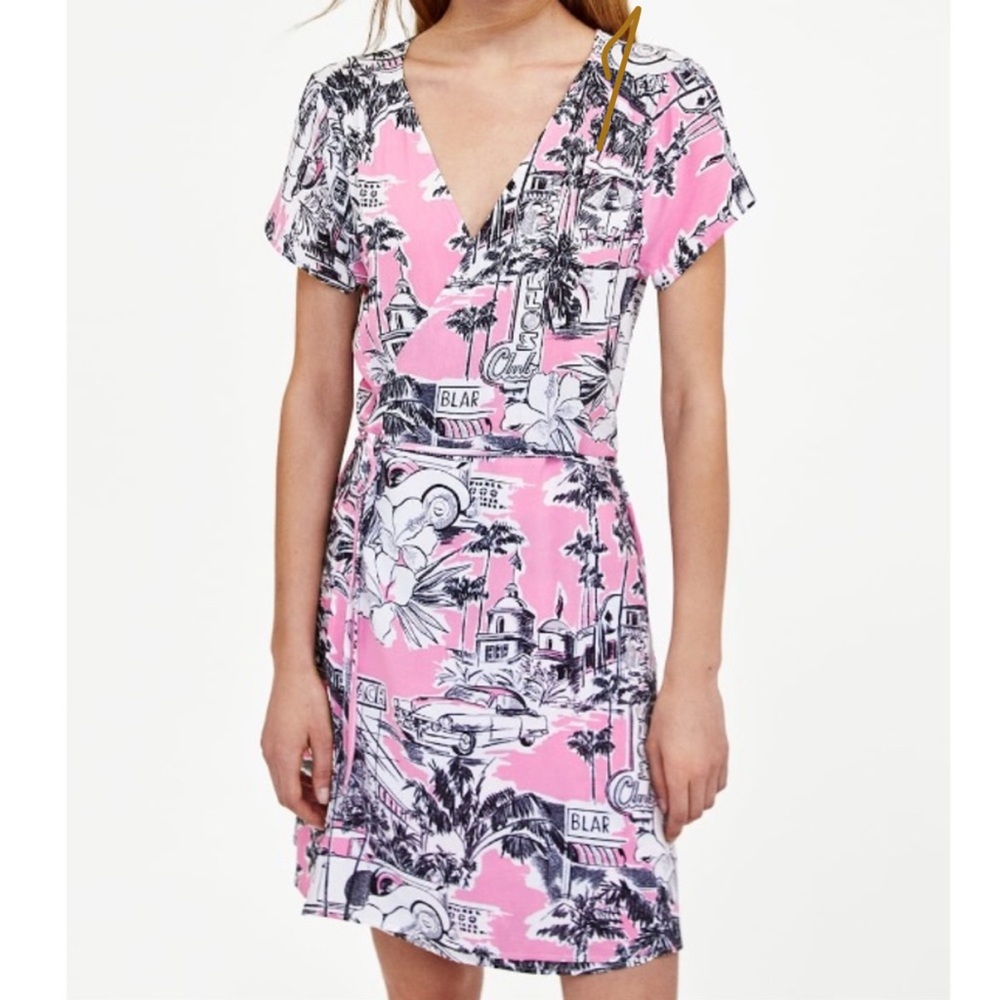 Zara Pink and Gray Wrap Sundress with Flutter Sleeves - Picture 2 of 6